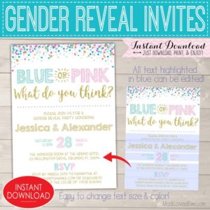 Blue Pink Gender Reveal Invitations, Party Invites Digital Download, Baby Invitation Template Pregnancy Invite Custom Printable Girl Boy PDF