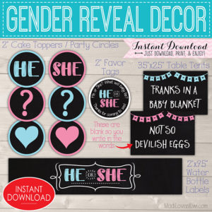 He She Gender Reveal Party Decor, Printable Cupcake Toppers, Favor Tags, Food Labels, Pink Blue Decoration Kit, Digital Download Shower Set