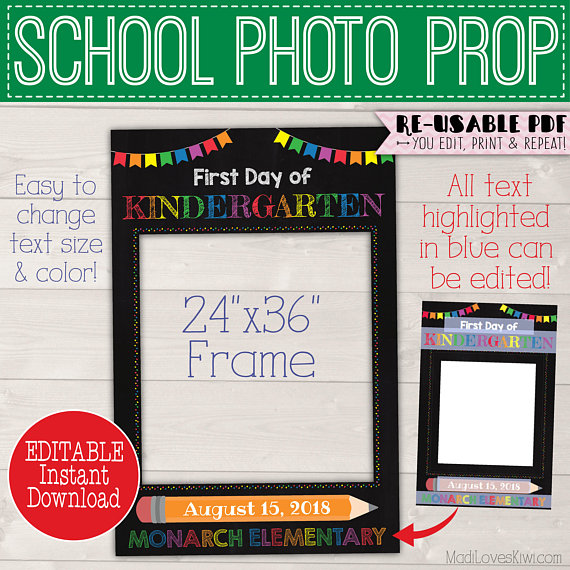 1st Day of School Sign Reusable Photo Prop Frame, First and Last Day Chalkboard Instant Download, Rainbow PDF Printable Back to End of Year