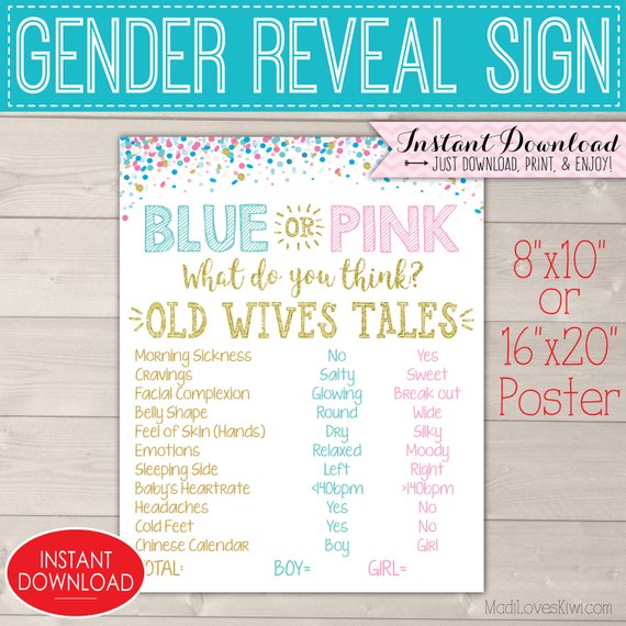 Blue or Pink Gender Reveal Sign, Old Wives Tales, Baby Gender Reveal Party Decor, Digital Download Poster Prop Ideas, Old Wife Tale Board
