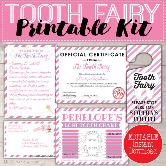 Tooth Fairy Kit For Girls Editable Letter Door Hanger Lost