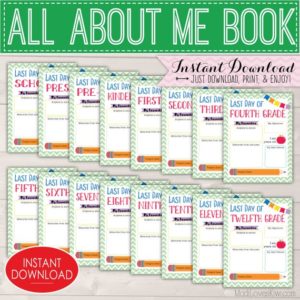 All About Me Book Kit, First & Last Day of School Memory Book, Kids Yearly Interview Questions, Childrens Journal Student Yearbook Scrapbook