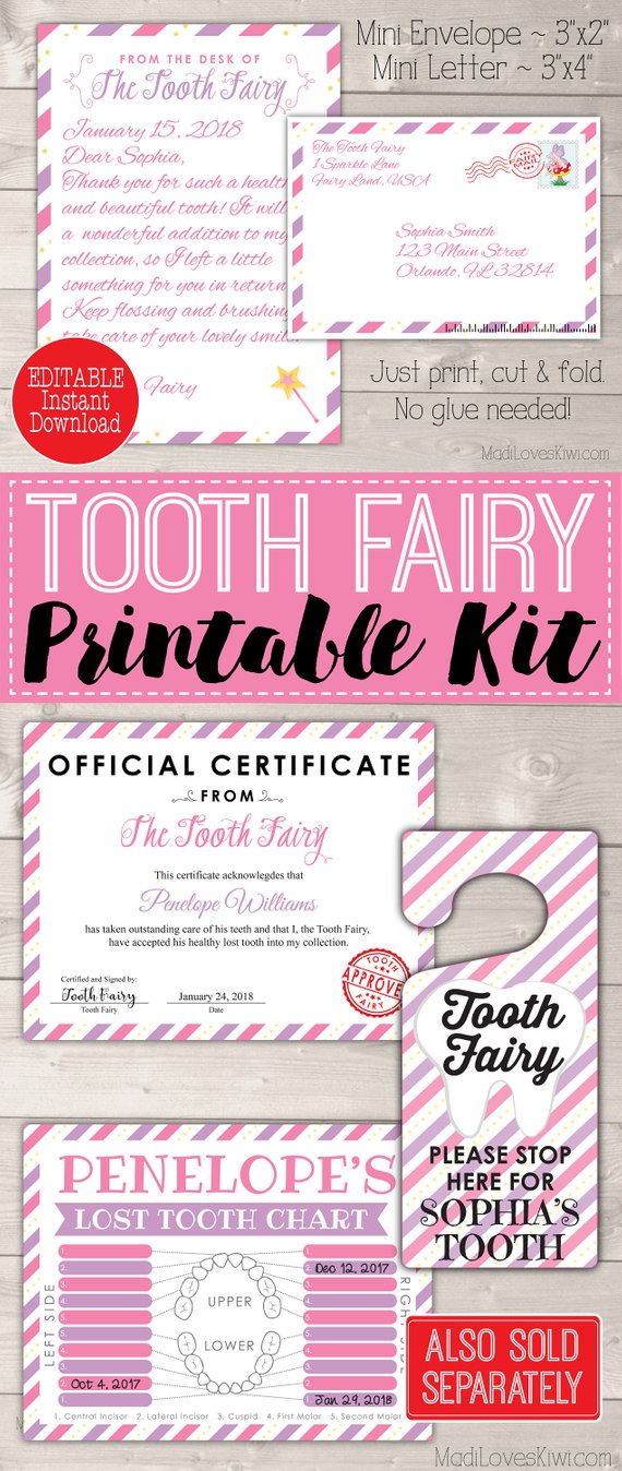 Letter from Tooth Fairy, Letters Kit, Teeth Tracker PDF, Printable Door Hanger, Lost Chart Girl Gift Note Set First Digital Instant Download