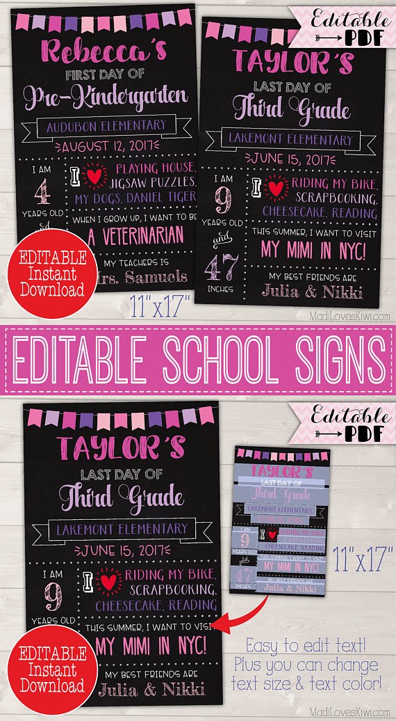 First Day of School Sign Instant Download, Last Day Printable Chalkboard Photo Prop, Editable Stats Poster 1st Reusable PDF Back to End Year