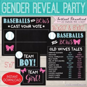 Baseballs or Bows Gender Reveal Decorations, Old Wives Tale Sign Printable, Chalkboard Vote Board Tally Digital Party Decor Ideas Photo Prop