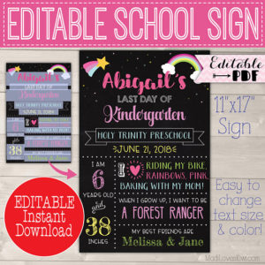 Rainbow First Day of School Sign Reusable, Last Day Chalkboard Photo Prop Instant Download, Printable Girl Poster PDF Template, Back 1st End