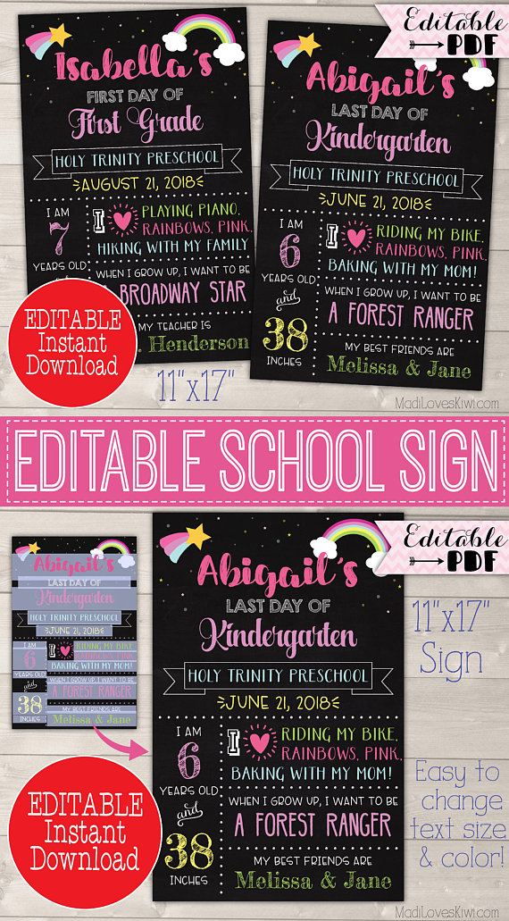 Rainbow First Day of School Sign Reusable, Last Day Chalkboard Photo Prop Instant Download, Printable Girl Poster PDF Template, Back 1st End