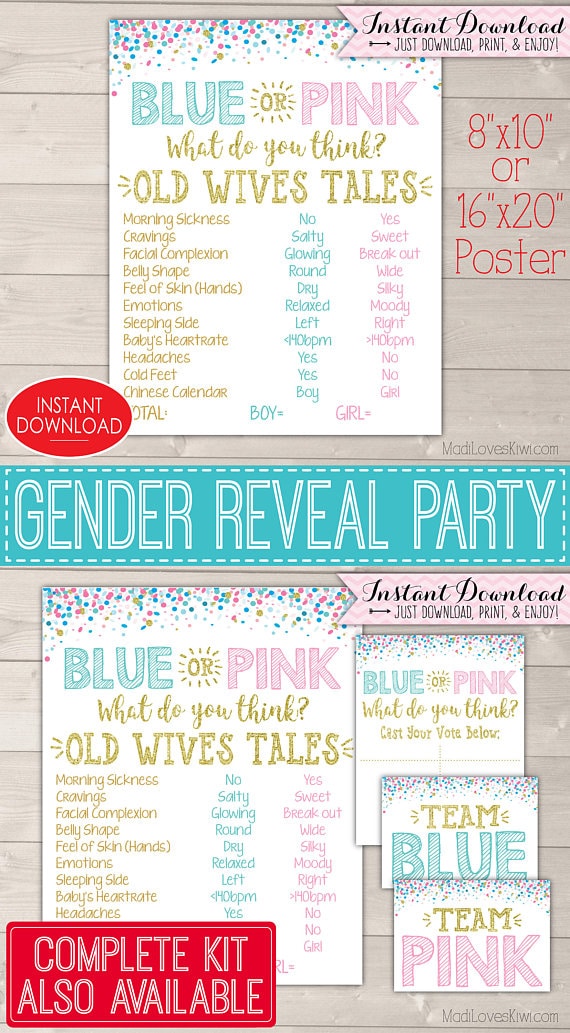 Blue or Pink Gender Reveal Sign, Digital Old Wives Tales Sign, Baby Decor Party Ideas, Vote Board, Team Pink Blue Wife Printable Decorations