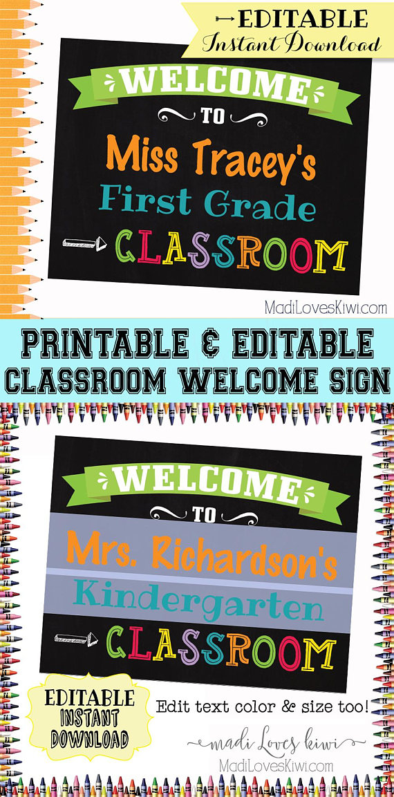 Classroom Welcome Sign, Personalized Teacher Name Gift Ideas Digital, Class Room Chalkboard Decor Printable Back To School Wall Art Door PDF