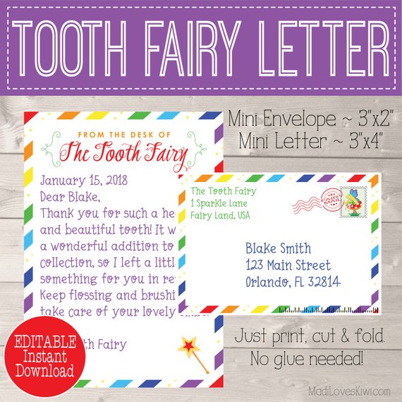 Rainbow Tooth Fairy Letter Envelope Editable Lost Tooth Set