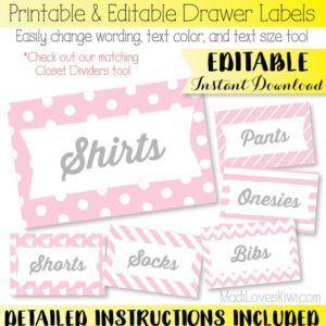 Printable Drawer Labels, Drawer Organizer, Basket Tags, Bin Labels, Nursery Organization, Closet Organizer, Closet Labels, Basket Labels