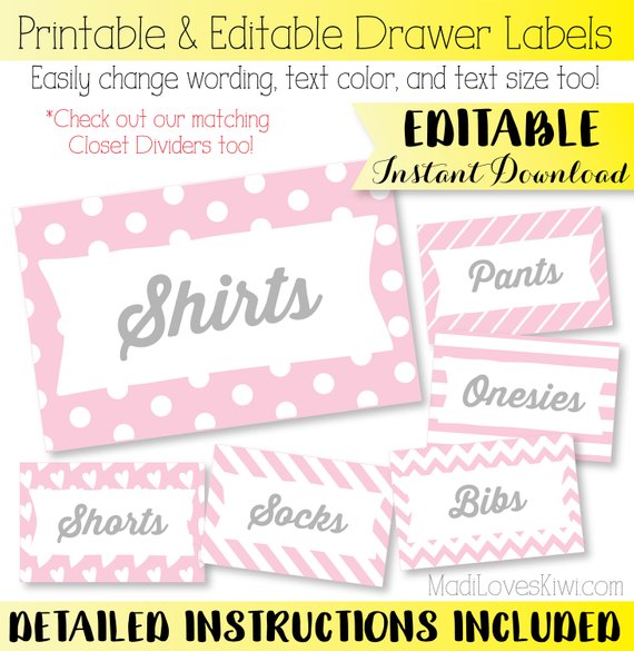 Printable Drawer Labels, Drawer Organizer, Basket Tags, Bin Labels, Nursery Organization, Closet Organizer, Closet Labels, Basket Labels
