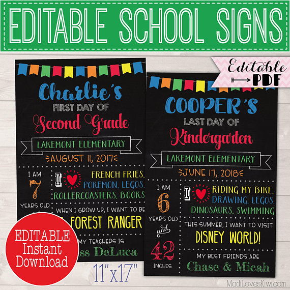 First Day of School Sign Reusable, Last Day Chalkboard Photo Prop Instant Download, Printable Primary Color Poster PDF Template Back 1st End