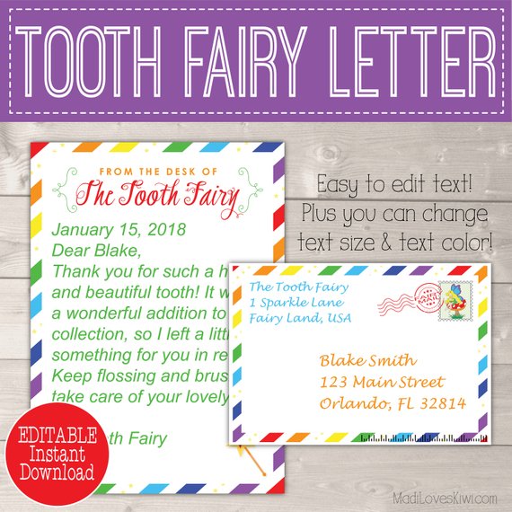 Rainbow Tooth Fairy Letter Envelope Editable Lost Tooth Set