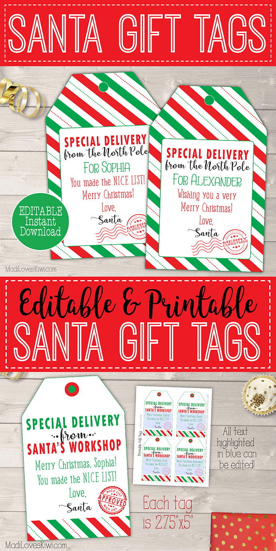 Personalized Santa Gift Tag Printable, Printable Christmas Gift Tag Template, Personalized Santa Tag, Personalized Christmas Tags From Santa
