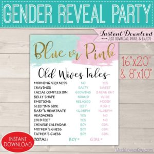Blue or Pink Gender Reveal Decorations, Old Wives Tales Sign Printable, Gold Pink Blue Baby Party Decor Ideas, Poster Board Digital Download