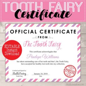 Certificate from Tooth Fairy Printable Letter, Creative Lost Tooth Ideas, First Tooth Kit Template Girl PDF Letterhead Last Minute Gift Idea