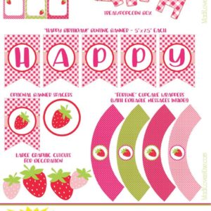 Strawberry Birthday Party Decorations, Birthday Invitations, Cupcake Toppers Printable, Welcome Sign, Thank You Tags, Digital Party Supplies