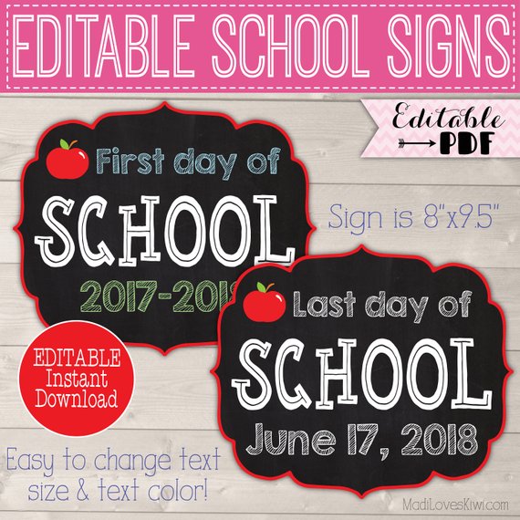 First Day of School Sign Printable, Back to School Sign, Last Day Chalkboard Photo Prop, 1st Day Reusable PDF, Editable End of Year Digital