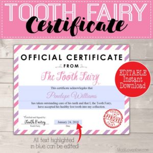 Certificate from Tooth Fairy Printable Letter, Creative Lost Tooth Ideas, First Tooth Kit Template Girl PDF Letterhead Last Minute Gift Idea