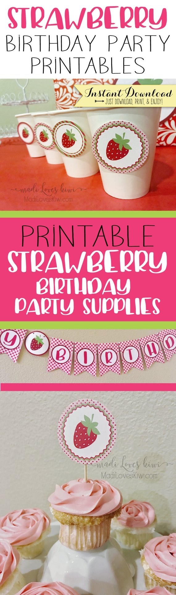 Strawberry Birthday Party Decorations, Birthday Invitations, Cupcake Toppers Printable, Welcome Sign, Thank You Tags, Digital Party Supplies