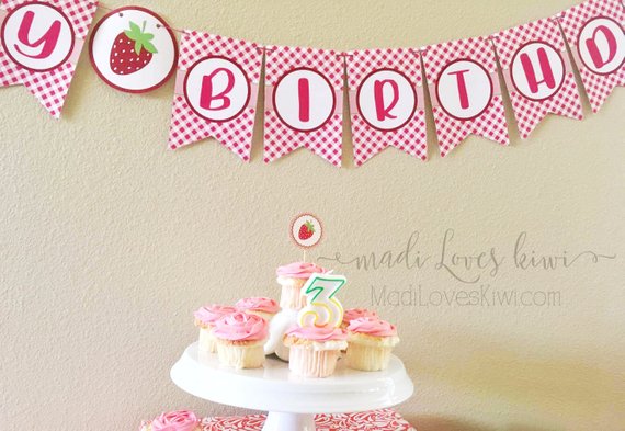 Strawberry Birthday Party Decorations, Birthday Invitations, Cupcake Toppers Printable, Welcome Sign, Thank You Tags, Digital Party Supplies