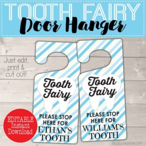 Personalized Tooth Fairy Door Kit Digital, Boy Tooth Printable Gift, Blue Door Hanger, DIY Hanging First Lost Tooth Sign Certificate