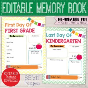 Editable All About Me Memory Book Kit, First Last Day of School, Kids Yearly Interview Questions Childrens Journal Student Back to Scrapbook