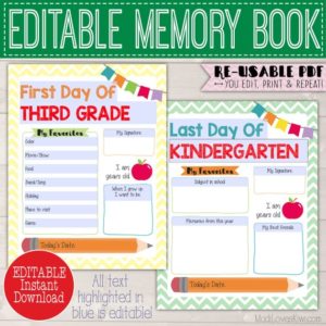 Editable All About Me Memory Book Kit, First Last Day of School, Kids Yearly Interview Questions Childrens Journal Student Back to Scrapbook