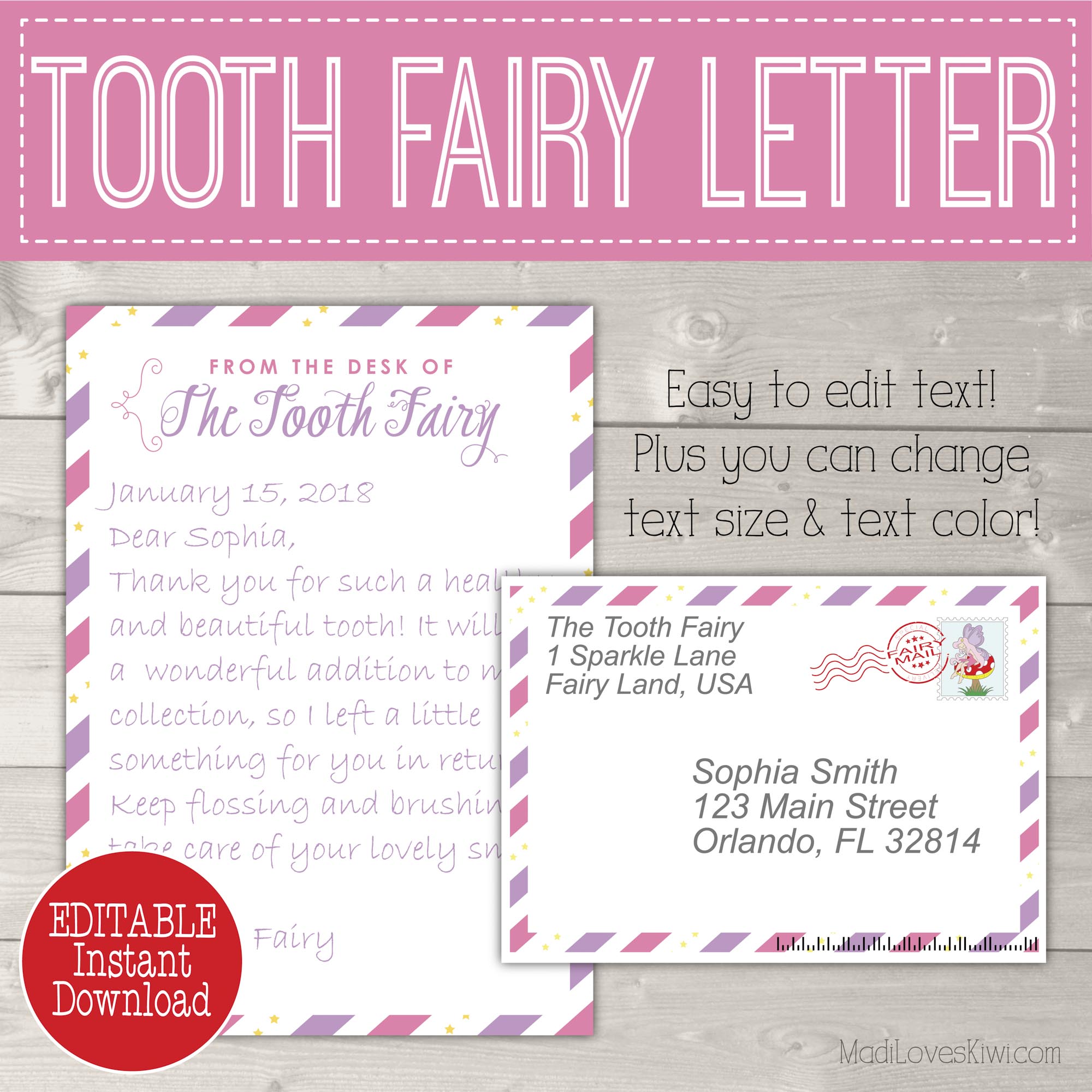 Editable Tooth Fairy Letter with Envelope  Printable Pink Throughout Free Tooth Fairy Certificate Template