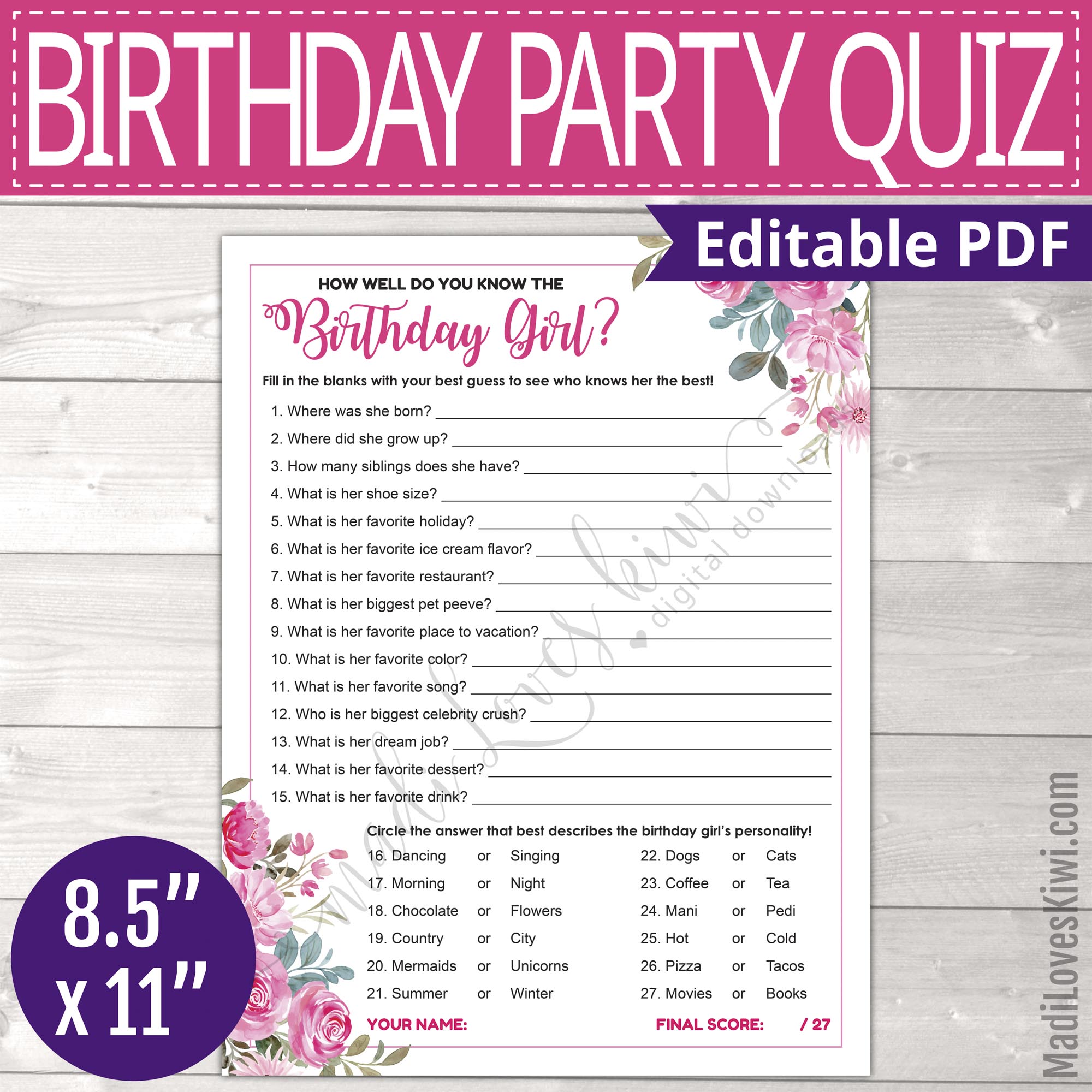 Free Printable Birthday Girl Quiz