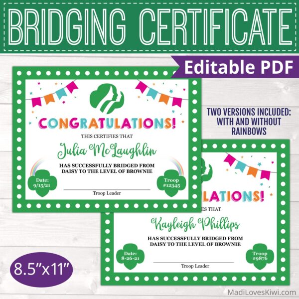 Editable Girl Scout Bridging Certificate