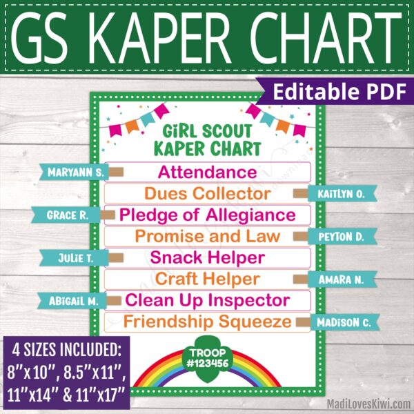 Printable Girl Scout Kaper Chart with Name Labels
