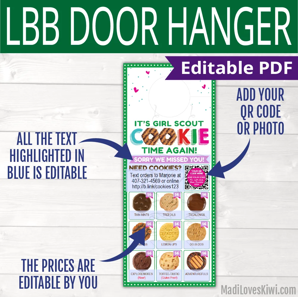 2026 Printable LBB Girl Scout Cookie Door Hanger with QR Code | Editable Price List PDF - Image 2